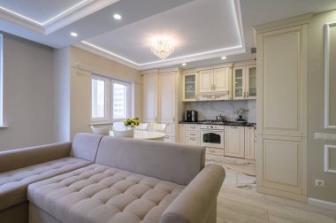 Stüdyo dairede modern büyük lüks mutfak ve yemek odası