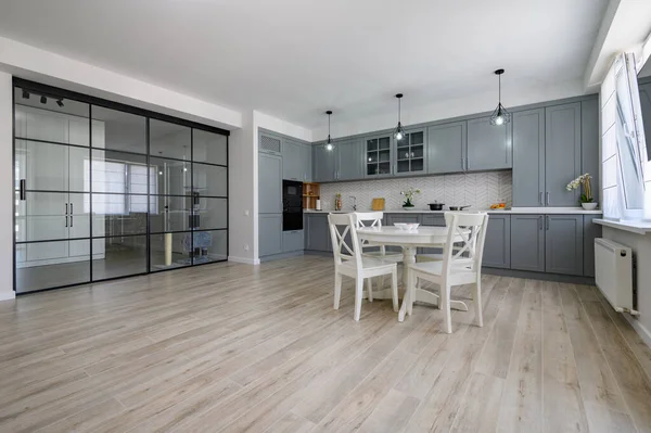 Trendige graue und weiße moderne Küchenmöbel in der Studiowohnung — Stockfoto