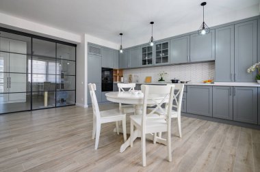 Moda gri ve beyaz modern mutfak mobilyaları stüdyo dairede