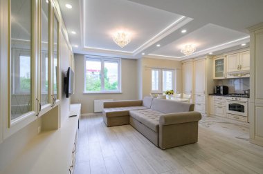 Stüdyo dairede modern büyük lüks mutfak ve yemek odası