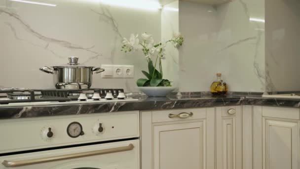 Grote luxe moden klassieke beige keuken — Stockvideo