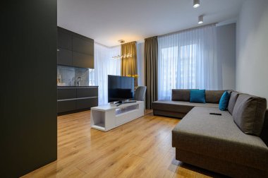 Modern büyük lüks, koyu gri mutfak.