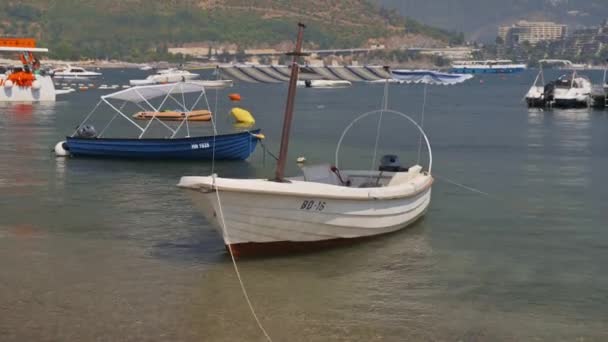 Łodzie motorowe w zatoce Budva w Czarnogórze — Wideo stockowe