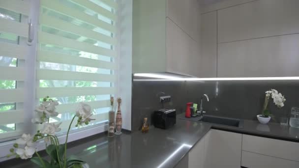 Moderno acogedor blanco y gris cocina primer plano — Vídeo de stock