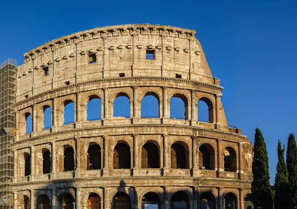 Partial view of ancient Rome Coliseum ruins. Italy, Rome. Stitched