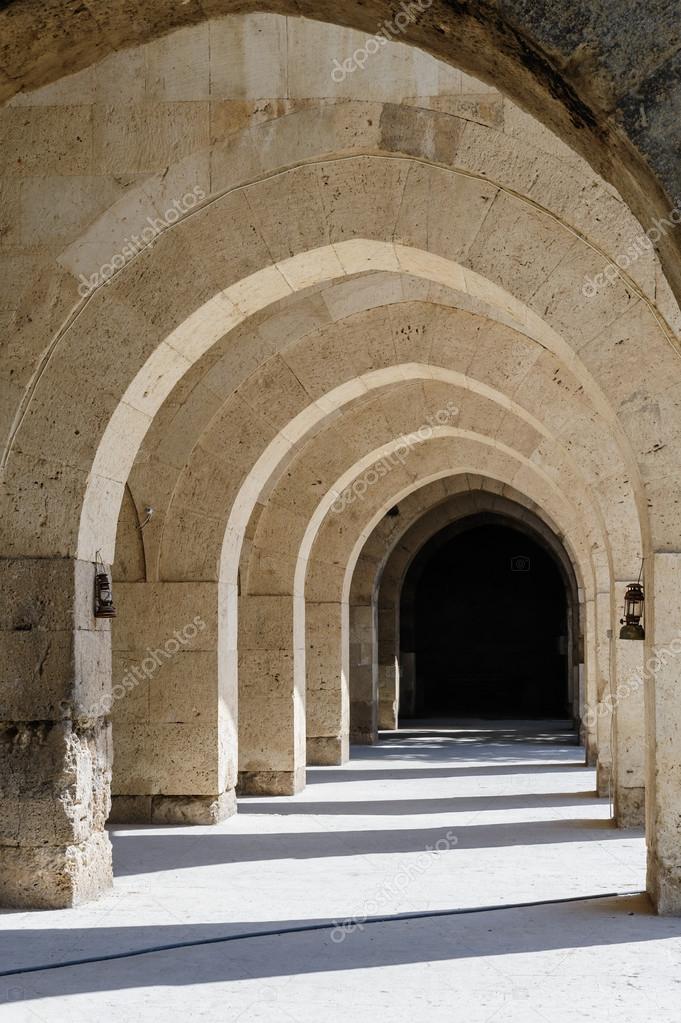 arches and columns in Sultanhani caravansary on Silk Road, Turkey