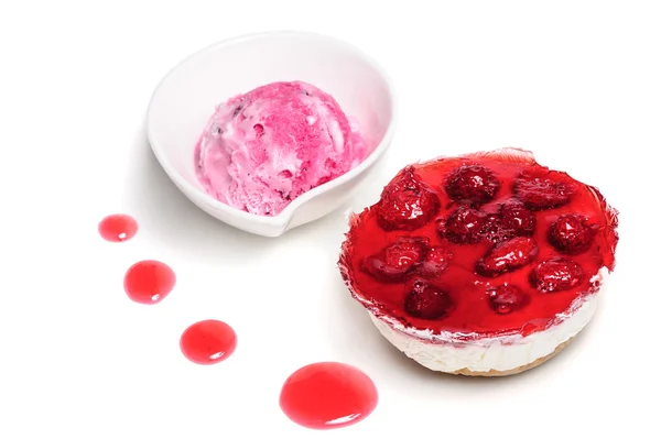 Raspberry cheese cake and ice cream ball — Stock Photo, Image