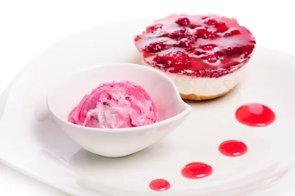 Raspberry cheese cake and ice cream ball — Stock Photo, Image
