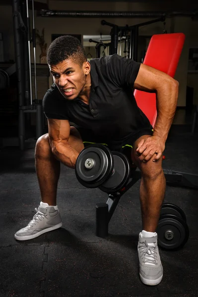 Young man doing biceps curl workout in gym — Stock Photo, Image