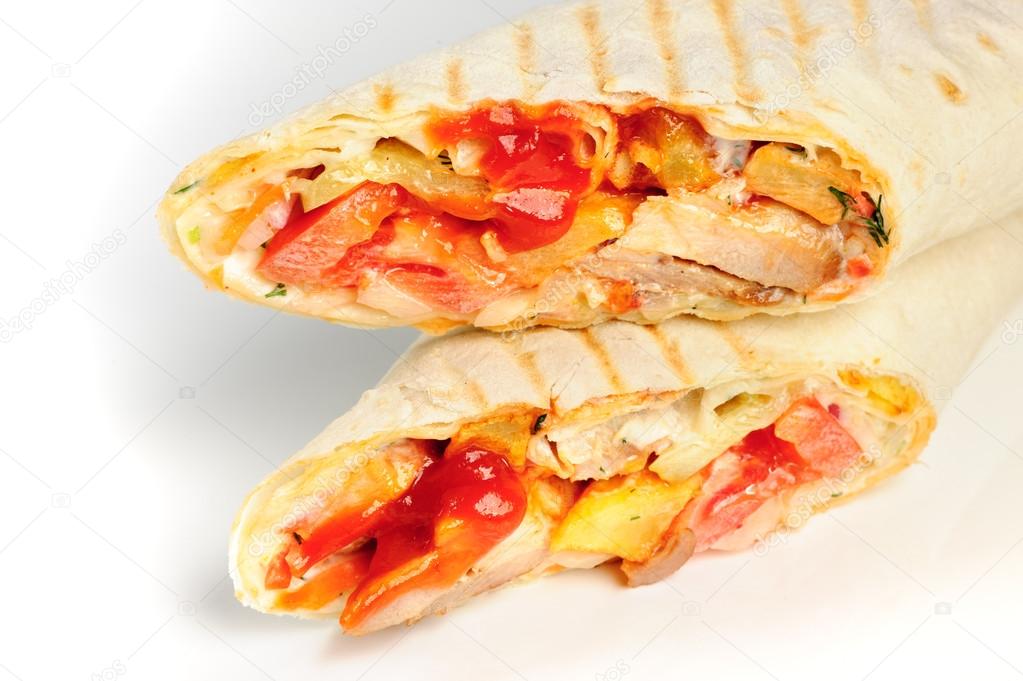 Chicken sandwich twisted in bread shaurma