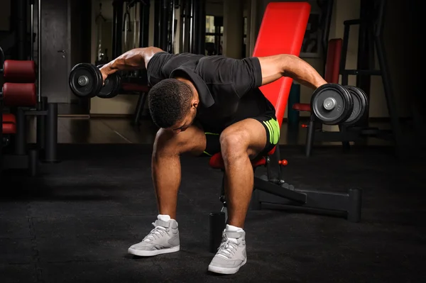 Young man doing Seated Bent Over Dumbbell Reverse Fly workout in gym — Stock Photo, Image