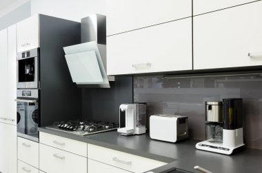 Modern white kitchen, clean interior design clipart