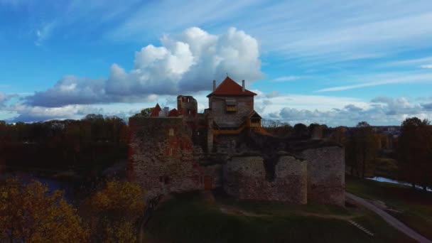 Komplex Und Park Der Mittelalterlichen Burgruine Bauska Aus Der Luft — Stockvideo