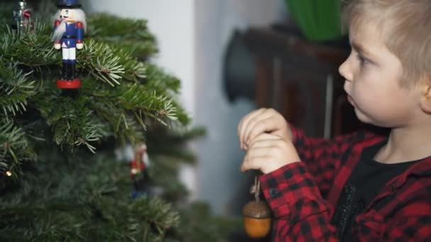 Fiú Kitüntetett Karácsonyfa Lövés Gyönyörű Díszített Karácsonyfa Diótörő Játék Tündérfények — Stock videók