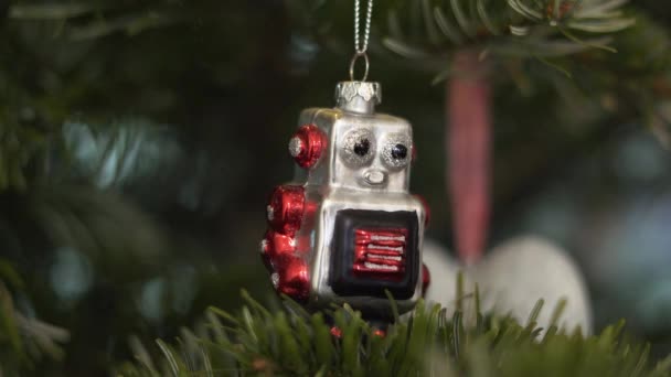 Juguetes Decoración Árbol Navidad Disparo Soldado Cascanueces Robot Vintage Árbol — Vídeos de Stock