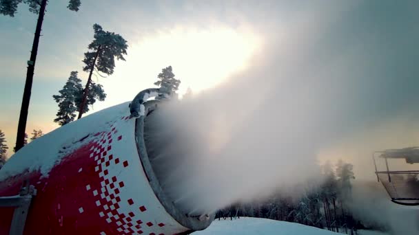 Snow Gun Spraying Artificial Ice Crystals Ski Piste Snowmaking Winter — 비디오