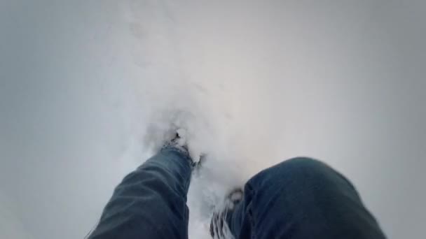 Χειμώνας Περπατήστε Pov Πεζοπορία Σκηνή Πόδια Υψηλό Χιόνι Κοιτάζοντας Κάτω — Αρχείο Βίντεο