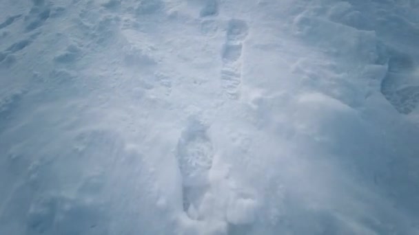 Schneespuren Von Stiefeln Tiefschnee Pov Kamera Folgt Spuren Schnee Füße — Stockvideo