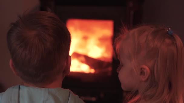 Dwoje Szczęśliwych Dzieci Brat Siostra Siedzą Przy Kominku Obserwują Ogień — Wideo stockowe