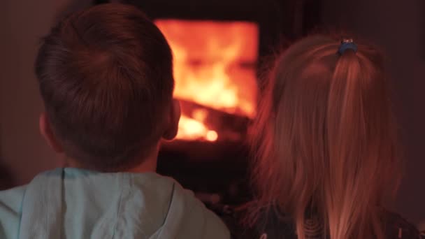 Dos Niños Pequeños Felices Hermano Hermana Sentados Junto Chimenea Mirando — Vídeos de Stock