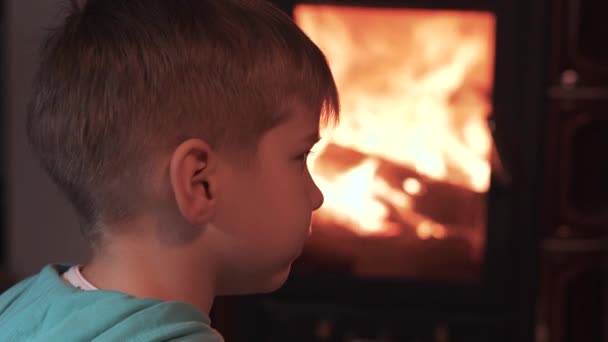 Little Kid Boy Siéntate Junto Chimenea Llamas Mira Fuego Disfruta — Vídeos de Stock