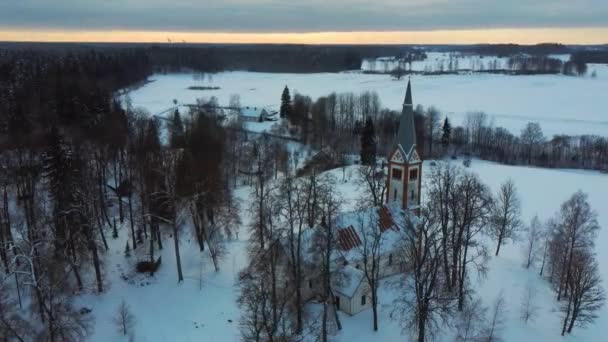 Aerial Top View Krimulda Evangelic Lutheran Church Winter Sunrise Kubesele — Stock Video