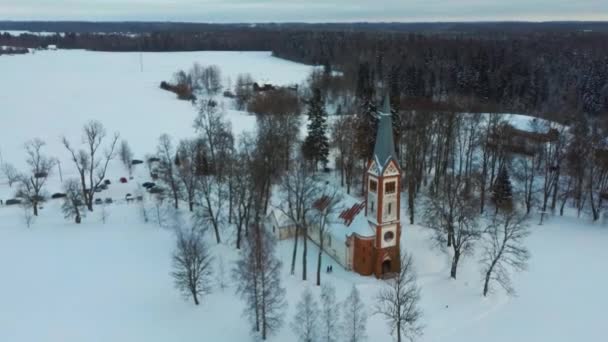 Aerial Top View Krimulda Evangelic Lutheran Church Winter Sunrise Kubesele — Stock Video