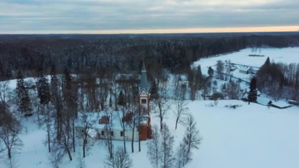 Aerial Top View Krimulda Evangelic Lutheran Church Winter Sunrise Kubesele — Stock Video