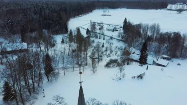 Aerial Top View Krimulda Evangelic Lutheran Church Winter Sunrise Kubesele — Stock Video