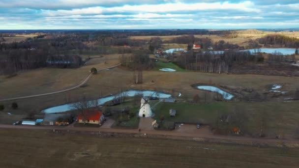 Old Araisi Windmill Latvia Aerial Shot Winter Day Sunrise Only — Stock Video