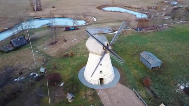 Old Araisi Windmill Latvia Aerial Shot Winter Day Sunrise Only — Stock Video