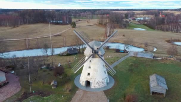 Old Araisi Windmill Latvia Aerial Shot Winter Day Sunrise Only — Stock Video