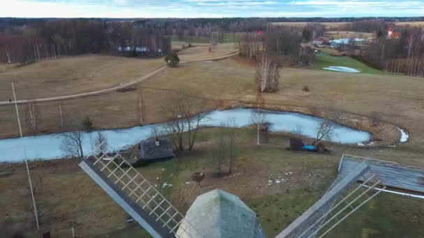 Old Araisi Windmill Latvia Aerial Shot Winter Day Sunrise Only — Stock Video