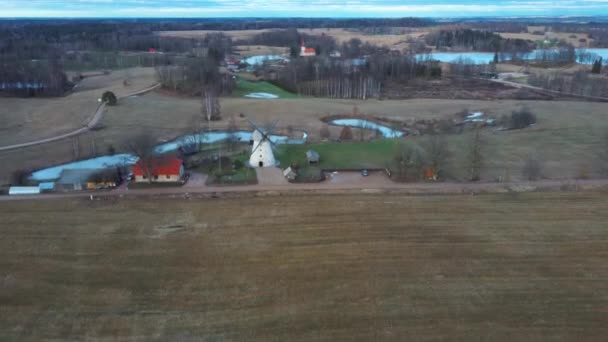 Old Araisi Windmill Latvia Aerial Shot Winter Day Sunrise Only — Stock Video