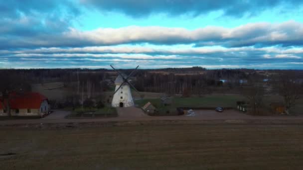 Old Araisi Windmill Latvia Aerial Shot Winter Day Sunrise Only — Stock Video