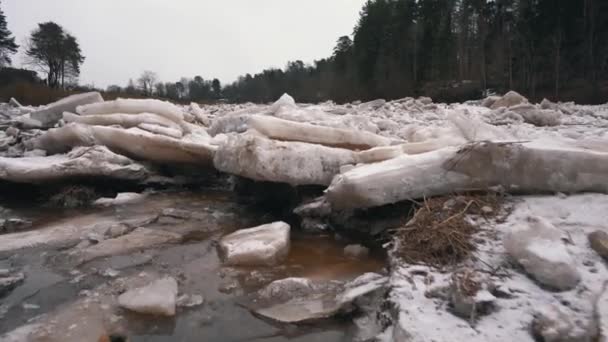 라트비아 오그레 흐르는 얼음덩어리 스노이 마트의 날에스 강에서 혼잡하다 움직이는 — 비디오