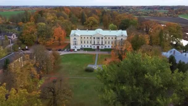 拉脱维亚Mezotne市秋季空中景观 Mezotne宫和公园背景是丽普河 五彩缤纷的秋天风景 黄三叶 — 图库视频影像