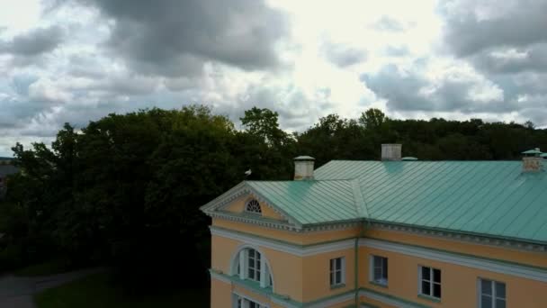 Aerial Shot City Mezotne Łotwa Pałac Mezotne Park Fontanną Bocian — Wideo stockowe