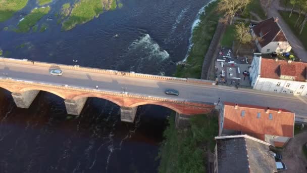 Long Old Brick Bridge Kuldiga Latvia Venta River Captured — Stock Video