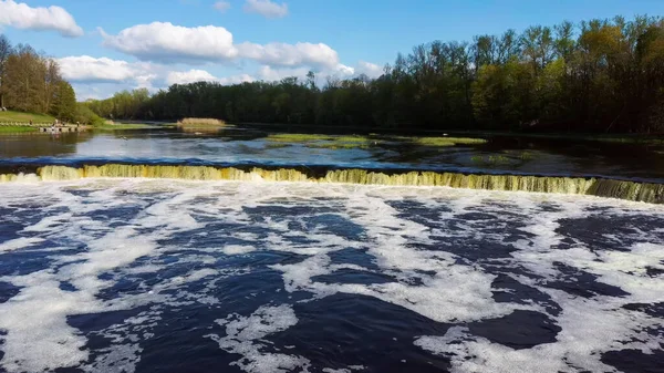 Летающая Рыба Водопада Вентас Румба Самый Широкий Водопад Европе Латвии — стоковое фото