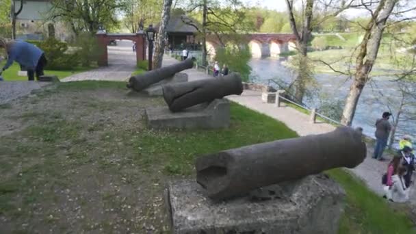 Cannon Gun Long Old Brick Bridge Kuldiga Latvia Venta River — Stock Video