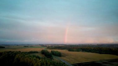 Çifte Gökkuşağı Orman ve Buğday Tarlası. Kara Gök Gürültülü Bulutlar ve Kırsal Otoyol Üzerinde Gökkuşağı. Areal Dron Şut.