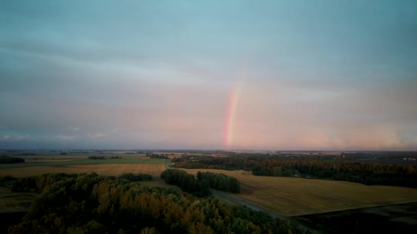 Dubbel Regnbåge Över Skog Och Vetefält Mörka Åska Moln Och — Stockvideo