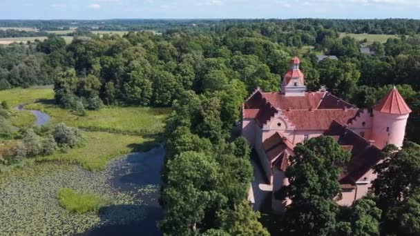 ラトビアのエドレ城 旅行先 国立ランドマーク 晴れた夏の日にネオゴシック様式の中世の城の建物の空中ビュー — ストック動画