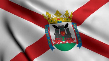 Alava İspanya 'nın Vitoria Gasteiz şehrinin bayrağını kırmızı ve beyaz tasarımı ve rüzgarda usulca çırpınan silahlardan oluşan resmi paltosu kültürel seyahat projeleri için sallıyordu.