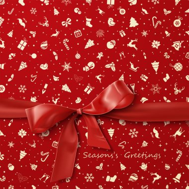 Red Bow over red Christmas wrapping paper icons seamless pattern