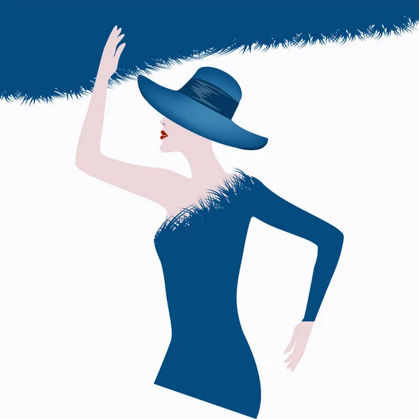 フェイクファーのトリム スマート ブルーのドレス 帽子を持つエレガントな女性 抽象的な背景 ベクトル 美容ファッションサロン — ストックベクタ