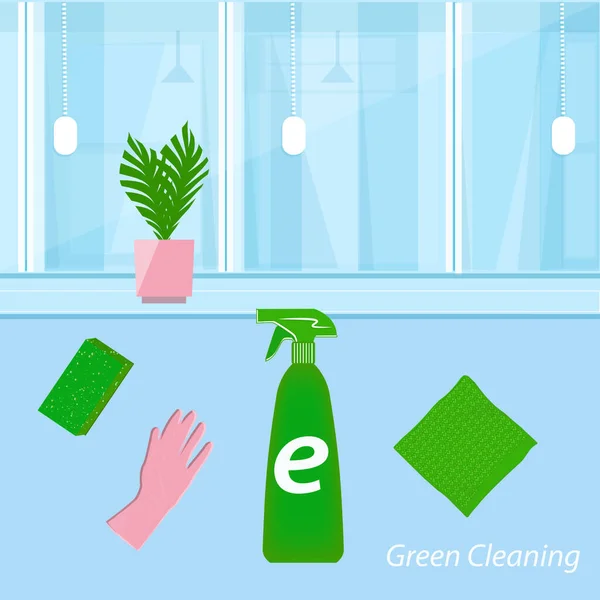 Limpeza Ecológica Verde Quarto Com Uma Grande Janela Vetor Eco — Vetor de Stock