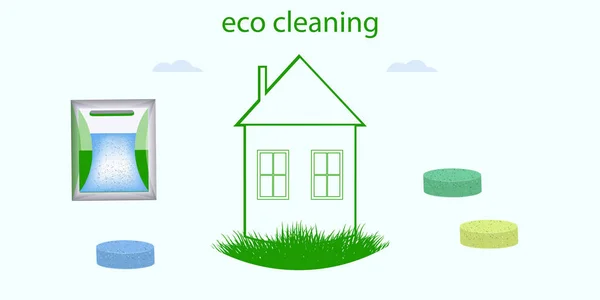 Huis Eco Natuurlijke Schoonmaakmiddelen Poeder Pillen Vector Groene Ecologische Reiniging — Stockvector