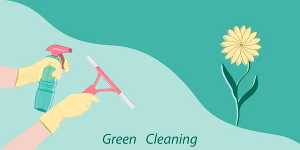 Limpeza Ecológica Verde Mãos Luvas Borracha Mantêm Raspador Borrifo Vetor — Vetor de Stock